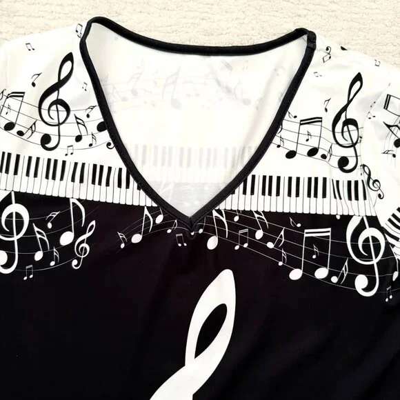 Music Notes Long Sleeve Top Size M Black White V Neck Piano Keys Print - Picture 8 of 9